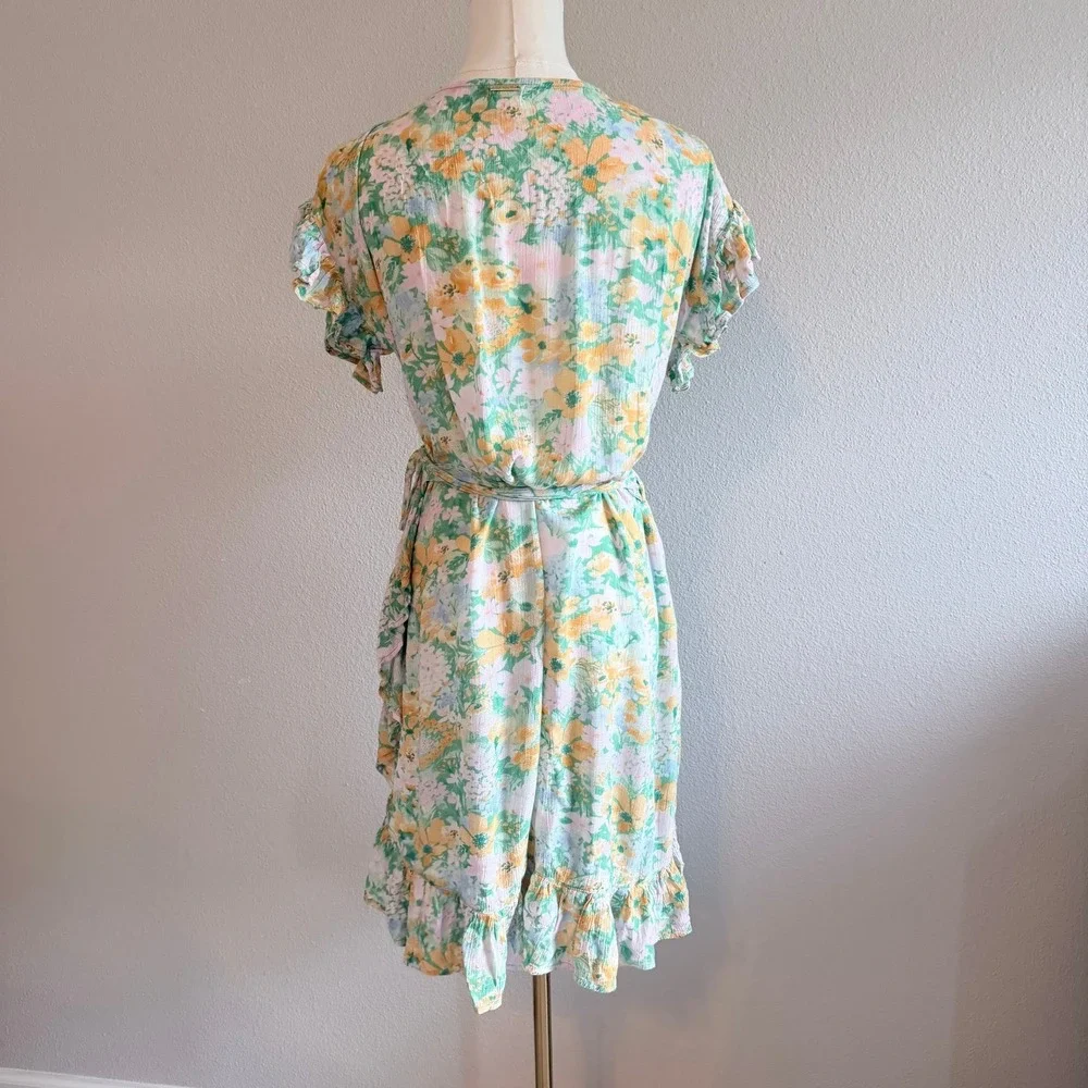Billabong Floral Wrap Dress Ruffle Sleeve Summer Resort Womens Size Large - Picture 5 of 8